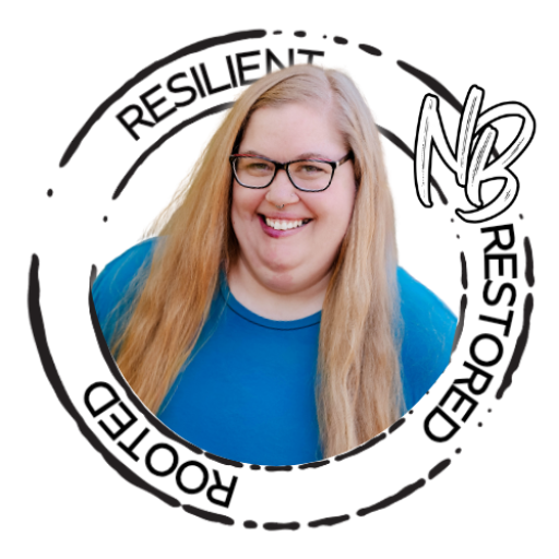 Nicole burch is wearing a blue shirt, with her blonde hair down. She is depicted in front of a circle that reads, rooted. Resilient. Restored.